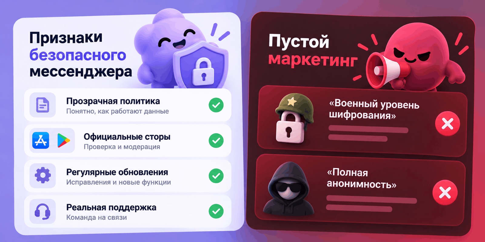 Признаки безопасного мессенджера: прозрачная политика, официальные сторы, обновления, поддержка — против пустого маркетинга про военное шифрование и полную анонимность